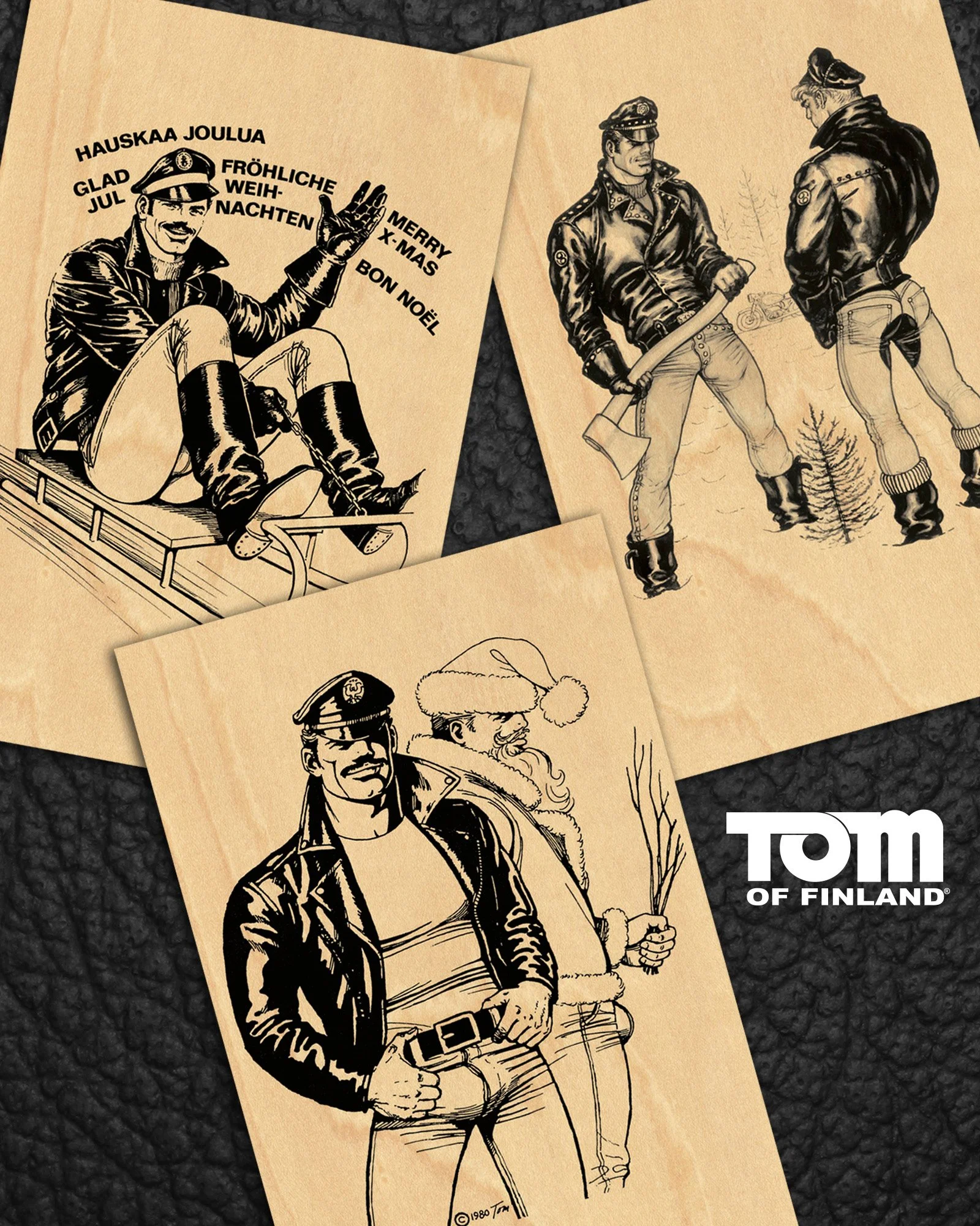 Tom of Finland Wooden Christmas Postcars — Gay Greeting Cards by